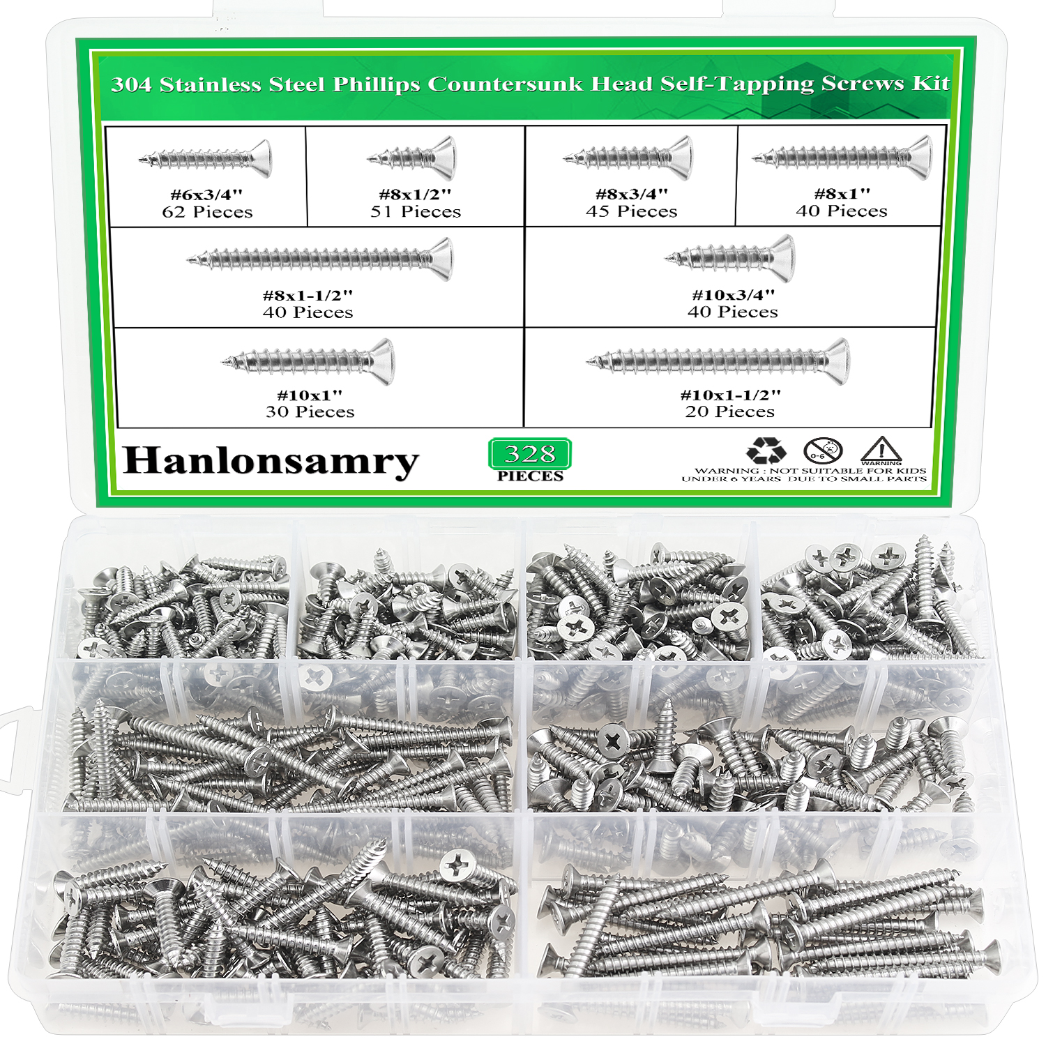 Hanlonsamry 328 Pieces #6 #8 #10 Wood Screws Set, Phillips Countersunk Head Self-Tapping Screws Assortment Kit, Phillips Flat Head Wood Screws, 304 Stainless Steel